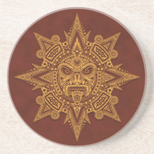 Dessous De Verre En Grès Masque aztèque de Sun - rouge d'or