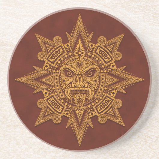 Dessous De Verre En Grès Masque aztèque de Sun - rouge d'or (Devant)