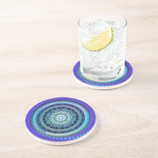 Dessous De Verre En Grès Médaillon de design de la spirale bleue (Côté)