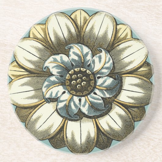 Dessous De Verre En Grès Médaillon floral orné sur Arrière - plan bleu clai (Devant)