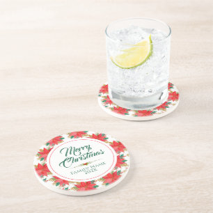 Dessous De Verre En Grès Merry Christmas Typography & Poinsettia Pattern