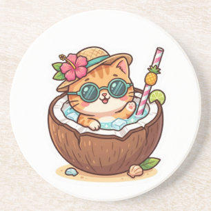 Dessous De Verre En Grès Mignon Kawaii Chat au Coco Lunettes d'Été Autocoll