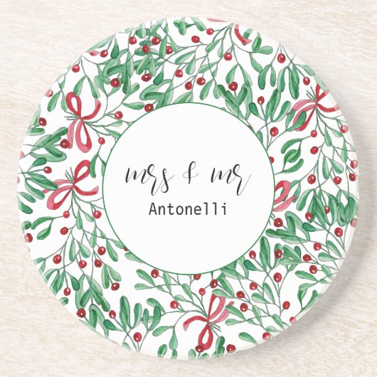 Dessous De Verre En Grès Mistletoe rustique mignon aquarelle peinte à la ma (Devant)
