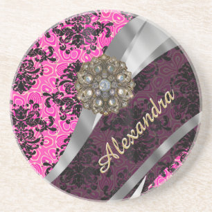 Dessous De Verre En Grès Modèle de damas rose girly personnalisé