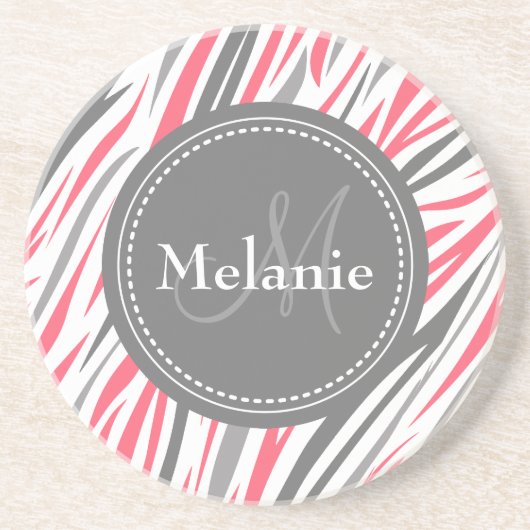 Dessous De Verre En Grès Modèle de zèbre rose et gris monogramme (Devant)