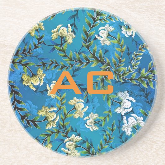 Dessous De Verre En Grès Moderne Monogramme Bleu Floral Chic (Devant)