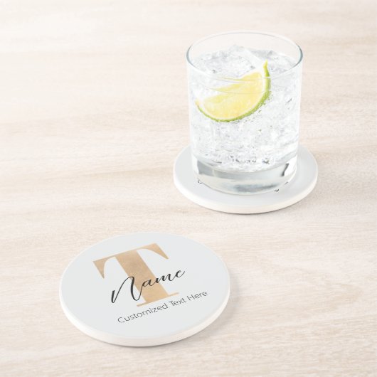 Dessous De Verre En Grès Moderne Monogramme Initiale T & Nom Personnalisé (Côté)