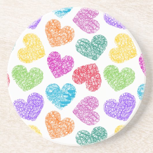 Dessous De Verre En Grès Moderne Vibrant Rainbow Doodle Hearts mignon Motif (Devant)