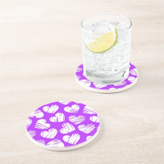 Dessous De Verre En Grès Moderne violet blanc Doodled Heart Valentine's Day (Côté)
