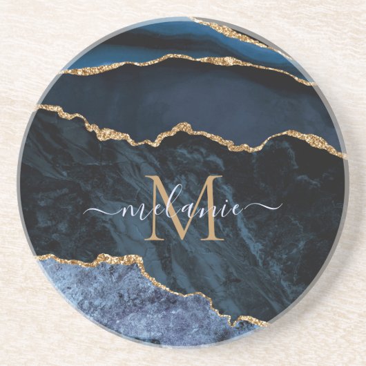 Dessous De Verre En Grès Monogram Name Agate Navy Blue Gold Gemstone Marble (Devant)