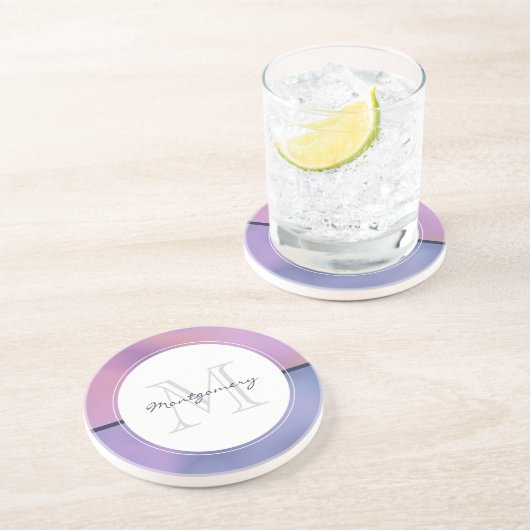 Dessous De Verre En Grès Monogramme Abstrait moderne violet et rose (Côté)
