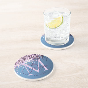 Dessous De Verre En Grès Monogramme Amusant Nom de Famille Confettis Lavand