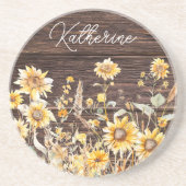 Dessous De Verre En Grès Monogramme Aquarelle Tournesol jaune bois (Devant)