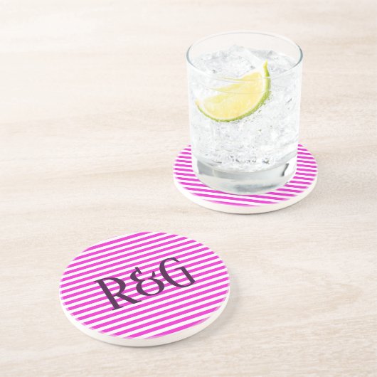 Dessous De Verre En Grès Monogramme Bandes violettes et blanches (Côté)