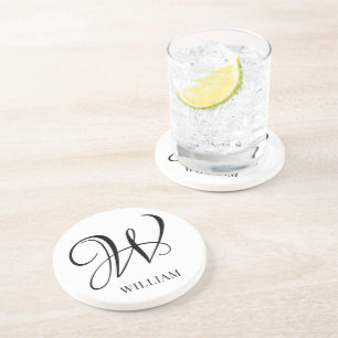 Dessous De Verre En Grès Monogramme blanc élégant et personnalisé initial