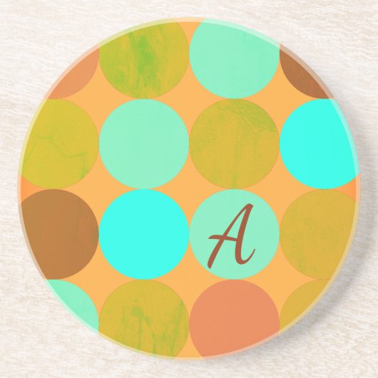 Dessous De Verre En Grès Monogramme Cercles Turquoise Bleu Vert & Orange (Devant)