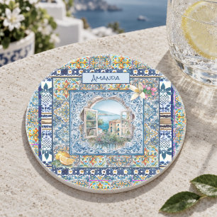 Dessous De Verre En Grès Monogramme Citron Floral Italien Bleu Été