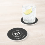 Dessous De Verre En Grès Monogramme classique moderne noir Nom Pierre<br><div class="desc">Le design monogrammed minimal est doté d'un arrière - plan noir avec votre initiale et votre nom en typographie de bloc classique en blanc pour un look propre et simple.</div>