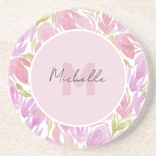 Dessous De Verre En Grès Monogramme d'aquarelle rose fuchsia occidentale (Devant)