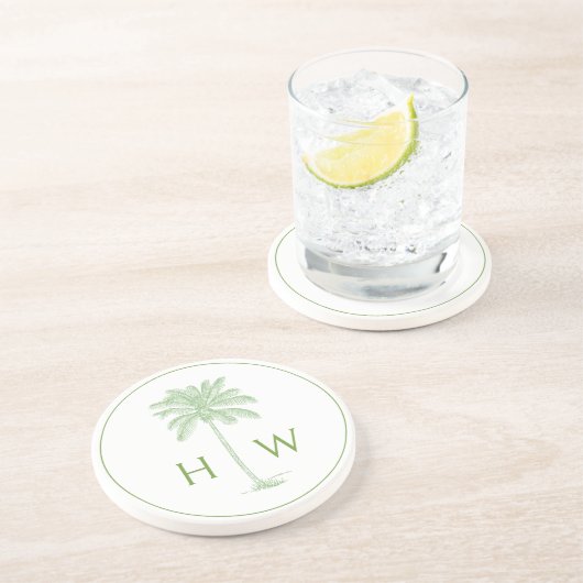 Dessous De Verre En Grès Monogramme d'arbre de palmier vert et blanc Palmet (Côté)