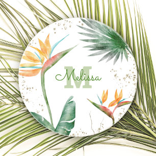 Dessous De Verre En Grès Monogramme de feuillage floral tropical Or blanc