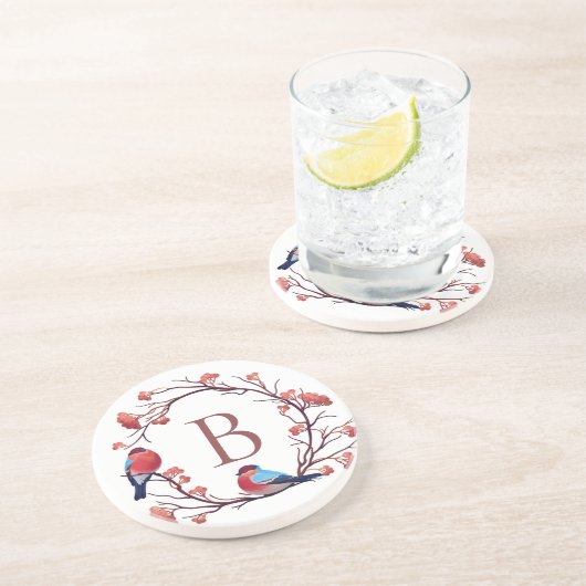 Dessous De Verre En Grès Monogramme de germe d'oiseaux et de baies (Côté)