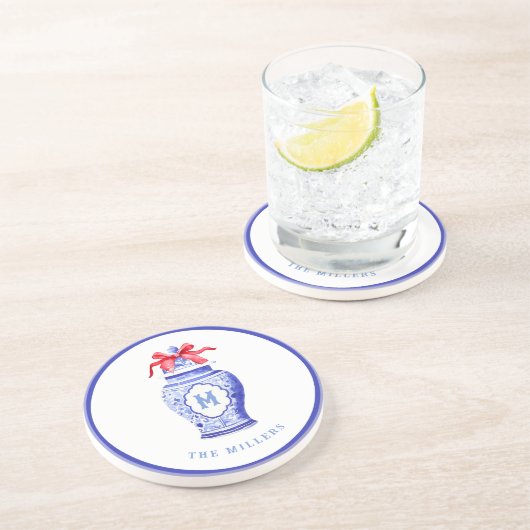 Dessous De Verre En Grès Monogramme de gingembre | Bow rouge (Côté)