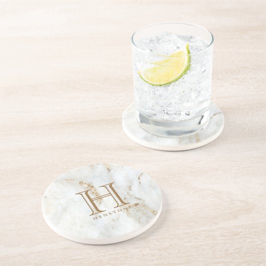 Dessous De Verre En Grès Monogramme de Marbre blanc doré (Côté)