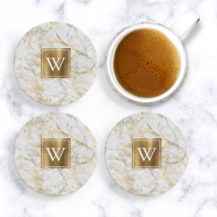 Dessous De Verre En Grès Monogramme de marbre faux blanc et or élégant