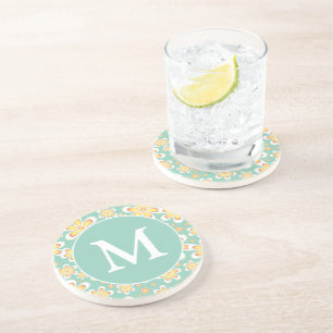 Dessous De Verre En Grès Monogramme de Motif turquoise et jaune