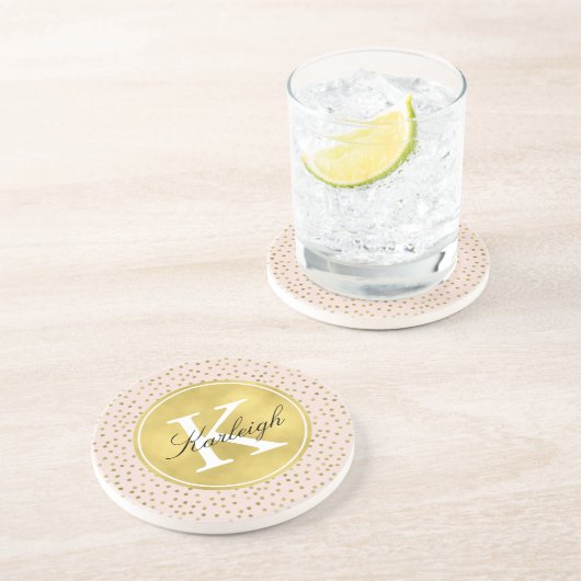 Dessous De Verre En Grès Monogramme de points de confettis de pêche et d'or (Côté)
