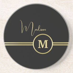 Dessous De Verre En Grès Monogramme de signature or élégant sur fond noir