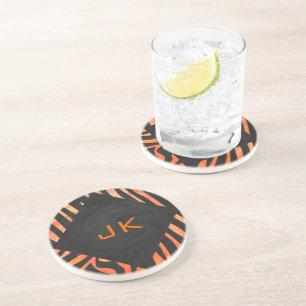 Dessous De Verre En Grès Monogramme de zèbre orange et noir