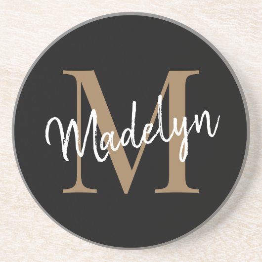 Dessous De Verre En Grès Monogramme d'or noir féminin Script élégant modern (Devant)