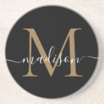 Dessous De Verre En Grès Monogramme d'or noir féminin Script élégant modern<br><div class="desc">Monogramme d'or noir féminin Script Élégant Dessous de verre moderne</div>
