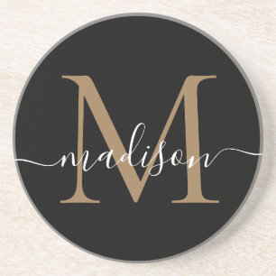 Dessous De Verre En Grès Monogramme d'or noir féminin Script élégant modern