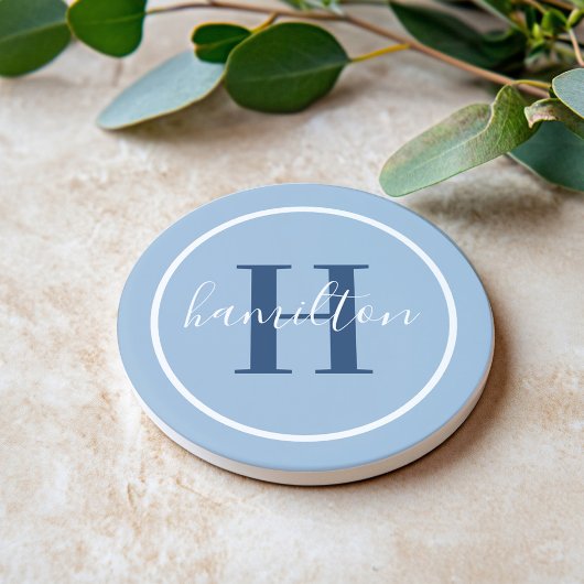 Dessous De Verre En Grès Monogramme élégant bleu rond écriture nom