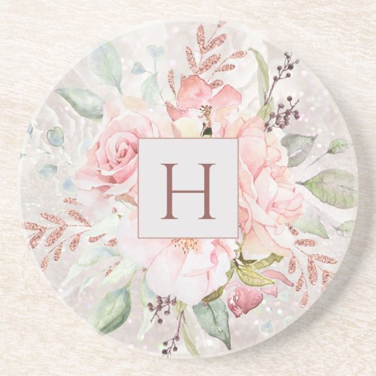 Dessous De Verre En Grès Monogramme Elégant rose Peony Floral Marbre (Devant)