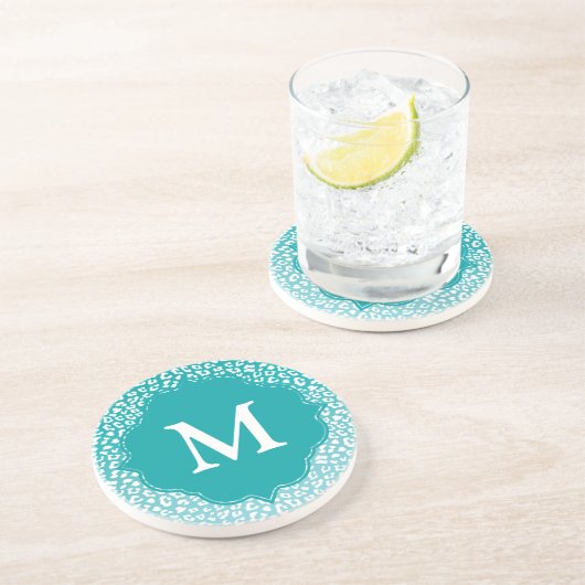 Dessous De Verre En Grès Monogramme Empreinte de léopard Turquoise (Côté)