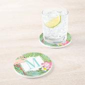 Dessous De Verre En Grès Monogramme Flamant rose tropical et fleurs d'Hibis (Côté)