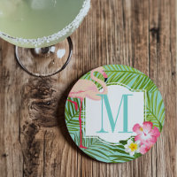 Monogramme Flamant rose tropical et fleurs d'Hibis