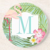 Dessous De Verre En Grès Monogramme Flamant Tropical et Fleurs d'Hibiscus (Devant)