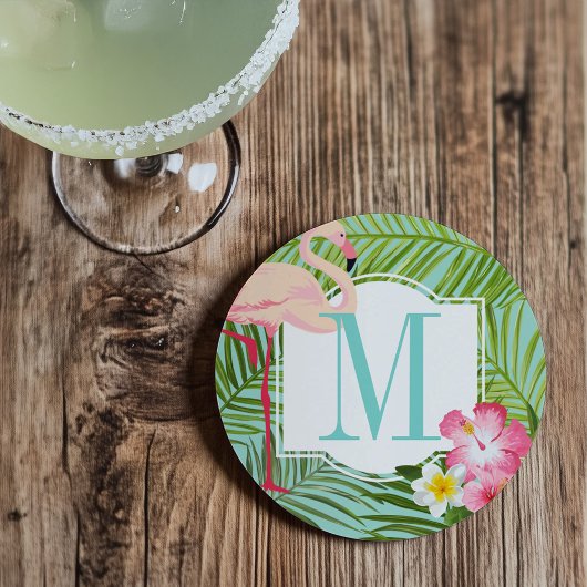 Dessous De Verre En Grès Monogramme Flamant Tropical et Fleurs d'Hibiscus