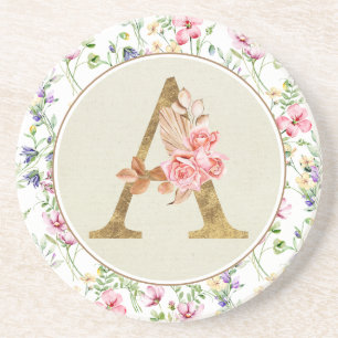 Dessous De Verre En Grès Monogramme floral personnalisé, de A à Z