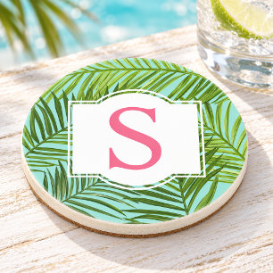 Dessous De Verre En Grès Monogramme Initial Feuilles de Palmier Vert Rose T
