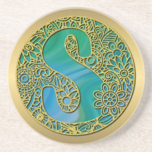 Dessous De Verre En Grès Monogramme Initial Moderne Lettre Dorée et Turquoi