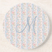Dessous De Verre En Grès Monogramme Initial Rose Bleu Rayé Fleurs Roses (Devant)