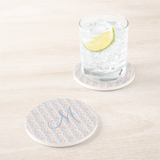 Dessous De Verre En Grès Monogramme Initial Rose Bleu Rayé Fleurs Roses (Côté)