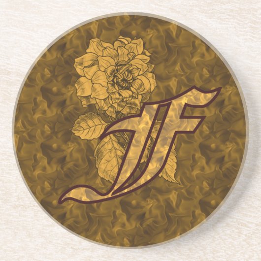 Dessous De Verre En Grès Monogramme Initiale F Pivoine Or (Devant)