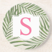 Dessous De Verre En Grès Monogramme Initiale Feuilles de Palmier Vert Rose  (Devant)